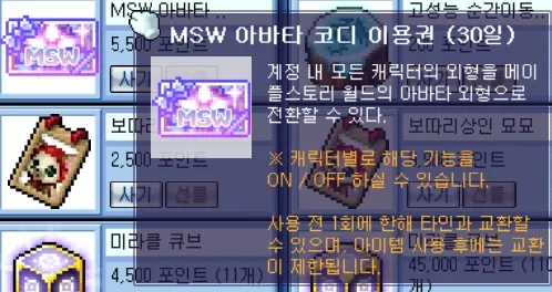 메이플 플래닛 MSW 아바타 코디 이용권