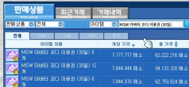 메이플 플래닛 경매장 MSW 아바타 코디 이용권