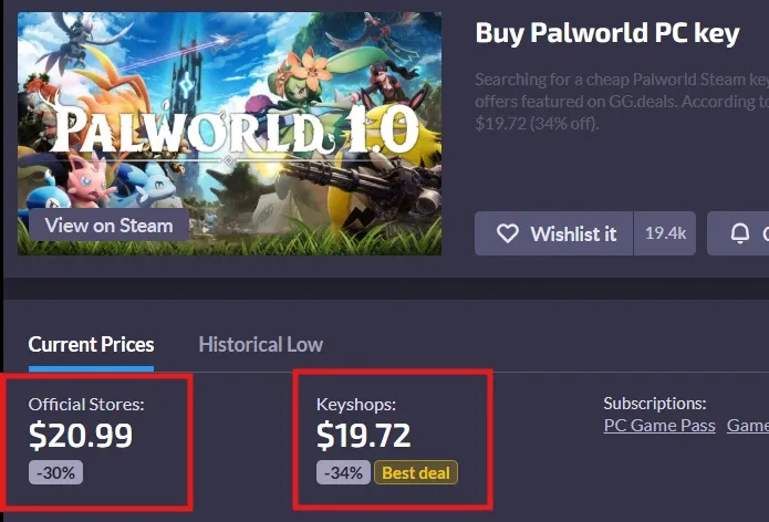 GG.deals Official Stores와 Keyshops 구분 화면